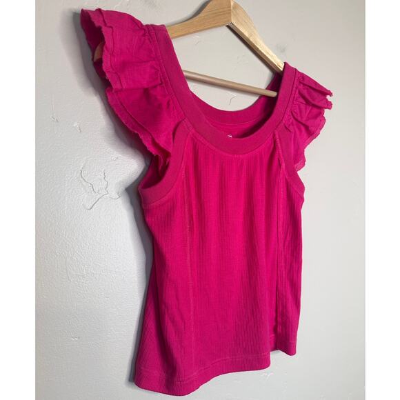 NWT PILCRO Anthropologie Pink Ruffle Cap Sleeve Ribbed Tee size Medium - Picture 2 of 5